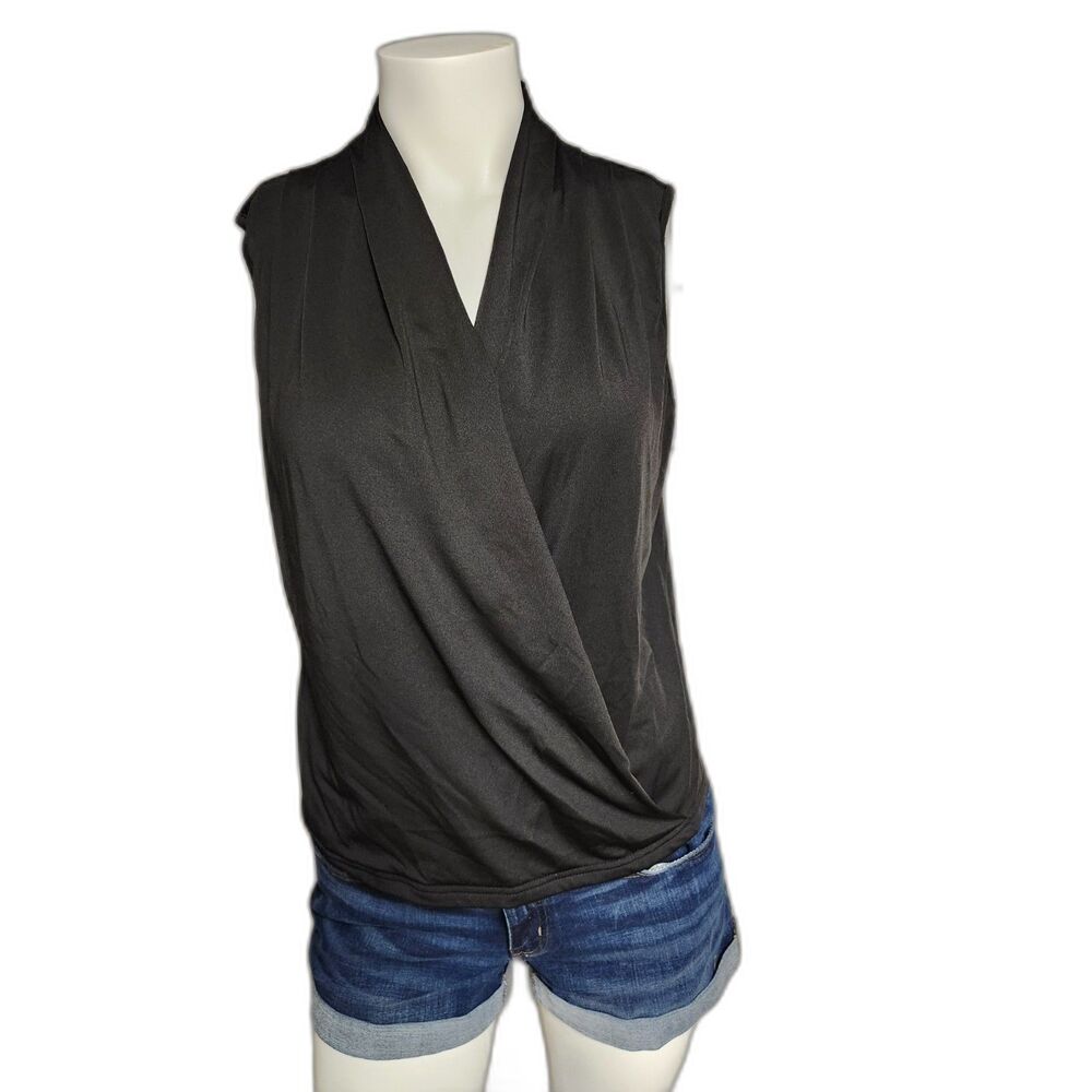 SHEIN Silky Sleeveless Snap-Front Pleated V-Neck Blouse